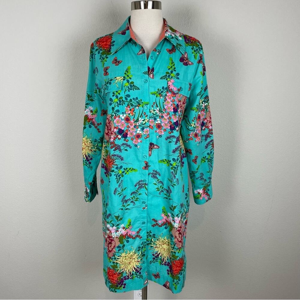 Soft Surroundings Green Floral Button Up Dress Tunic Small
